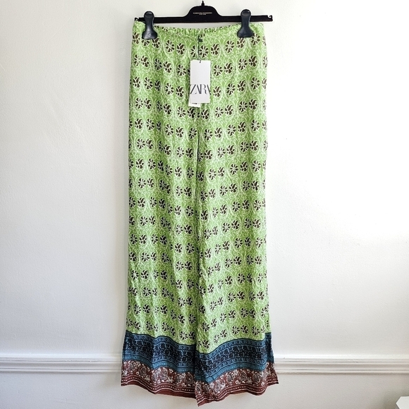 New Zara Full Length Printed High Waist Wide Leg Boho Green Pants NWT - Picture 10 of 13